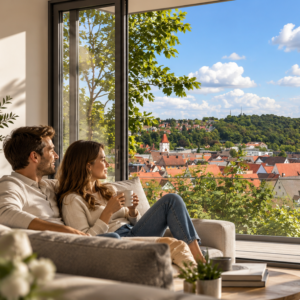 Paar in gemütlichem Apartment blicken aus dem Fenster auf die Altstadt Biberach